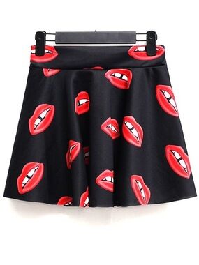 Black Skater Skirt with Red Lip Print - Women